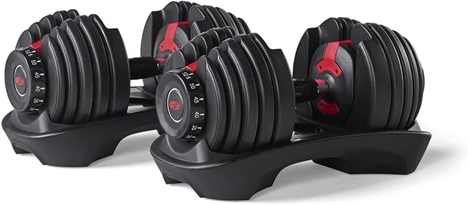 A set of 2 black and red adjustable dumbbells