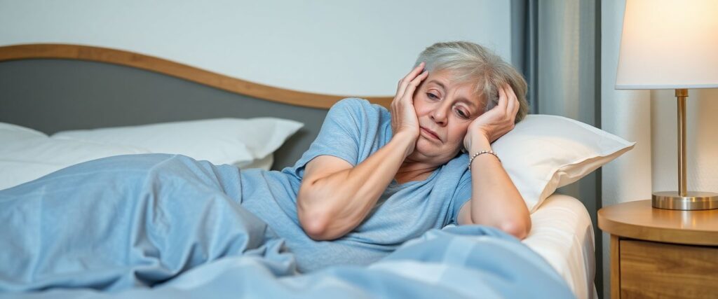 Woman lying on her bed but unable to get to sleep.